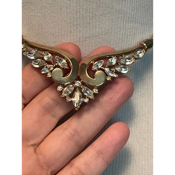 Vintage Crown Trifari Philippe GOLD & Rhinestone Marquis Stone Choker Necklace - Picture 7 of 15